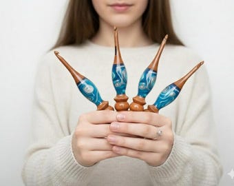 Handmade Wooden Crochet Hook Set | Resin Handle, Ergonomic Grip