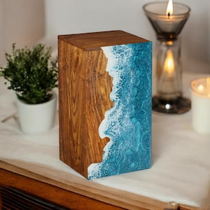 Handcrafted Rosewood Urn: Ocean Wave Resin Memorial Box