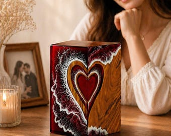Urna de resina y madera con forma de corazón, hecha a mano, urna conmemorativa romántica para cenizas.