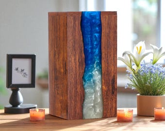 Urna de río de madera y resina epoxi artesanal: Caja de recuerdos conmemorativos