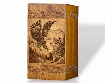 Urna de madera hecha a mano con forma de águila y lobo, contenedor para cenizas conmemorativo de vida silvestre
