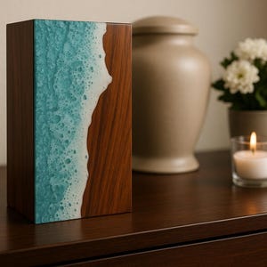 Resin Ocean Wave Wooden Cremation Urn: Handmade Memorial Box