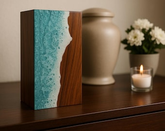 Resin Ocean Wave Wooden Cremation Urn: Handmade Memorial Box