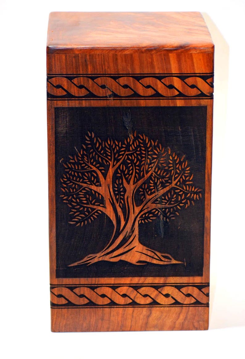 May include: A wooden box with a dark brown finish and a carved tree design on the front. The box has a Celtic knot border around the top and bottom.