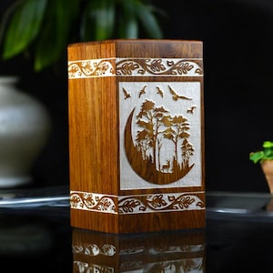 Handmade Rosewood Cremation Urn: White Engraved Memorial Box