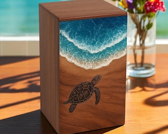 Handcrafted Rosewood Cremation Urn: Ocean Resin Waves & Turtle