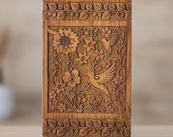 Handcrafted Wooden Hummingbird Cremation Urn | Floral Carving, Memorial Keepsake