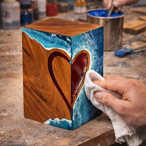 May include: A handcrafted wooden block with a heart-shaped design. The block features a rich, brown wood grain on two sides, with a vibrant blue resin and white accents. The heart is filled with a deep red resin.