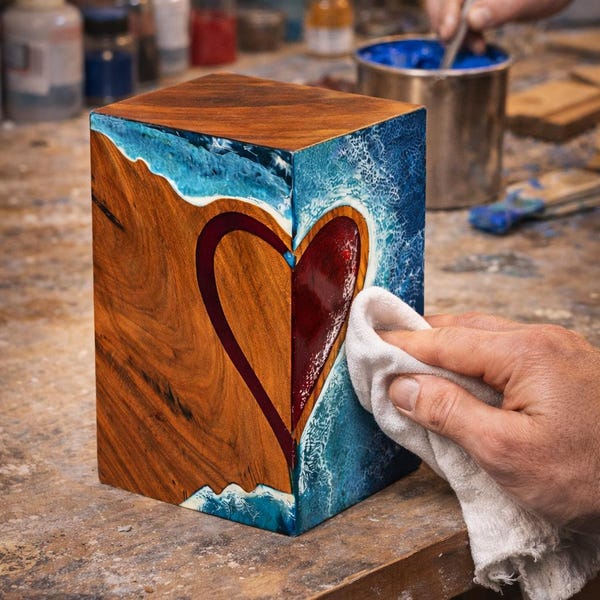 Handcrafted Wooden Resin Memorial Urn Box | Ocean Resin Heart Urn | Personalized Cremation Urn | Sympathy Keepsake Gift