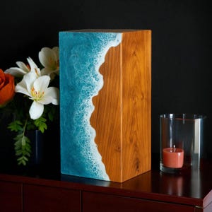 Handcrafted Ocean Wave Wooden Urn: Memorial Keepsake Box