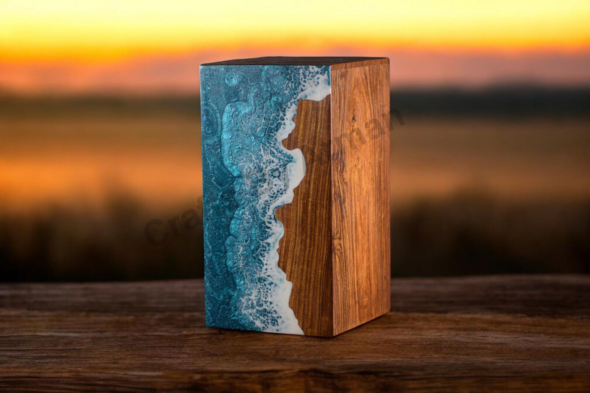 Handcrafted Rosewood Urn Box with Ocean Wave Design | Premium Memorial Keepsake