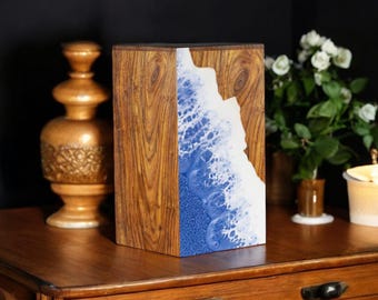 Handcrafted Rosewood Urn Box with Ocean Wave Design | Premium Memorial Keepsake