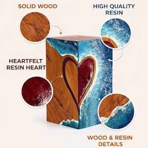 May include: A wooden block with a heart-shaped resin design. The block features solid wood and high-quality resin, with a red resin heart in the center. The design includes blue and white resin details, with the text "SOLID WOOD", "HEARTFELT RESIN HEART", "HIGH QUALITY RESIN", and "WOOD & RESIN DETAILS".