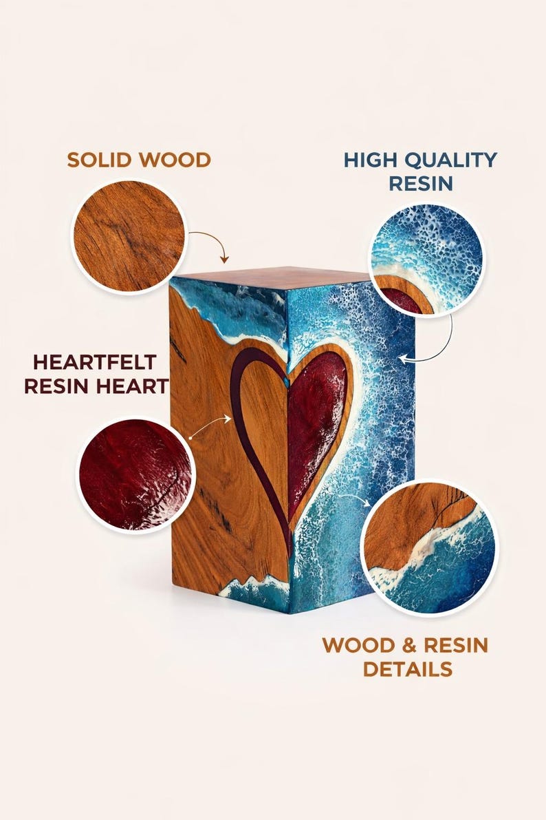 May include: A wooden block with a heart-shaped resin design. The block features solid wood and high-quality resin, with a red resin heart in the center. The design includes blue and white resin details, with the text "SOLID WOOD", "HEARTFELT RESIN HEART", "HIGH QUALITY RESIN", and "WOOD & RESIN DETAILS".