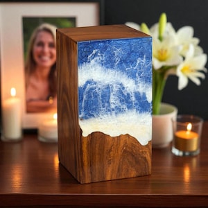 Handcrafted Rosewood Ocean Wave Resin Urn: Coastal Memorial