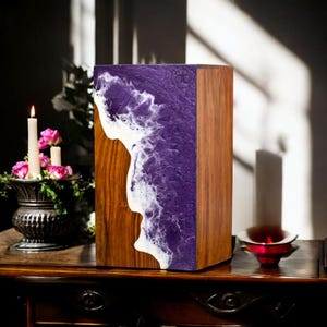 Rosewood Cremation Urn: Ocean Wave Resin, Custom Engraved Memorial Box