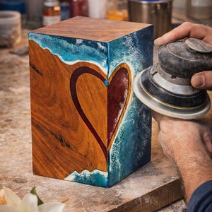 May include: A wooden box with a heart-shaped design. The box is made of wood with a natural grain, and the heart is filled with a deep red color. The edges of the box have a blue and white wave design. A person is sanding the box.