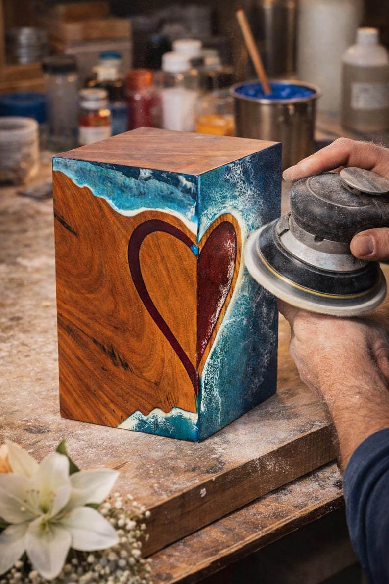 May include: A wooden box with a heart-shaped design. The box is made of wood with a natural grain, and the heart is filled with a deep red color. The edges of the box have a blue and white wave design. A person is sanding the box.