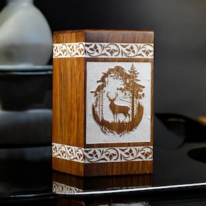 Handmade Rosewood Cremation Urn: White Engraved Memorial Box