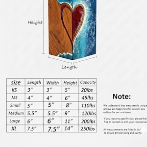 May include: A wooden block with a heart design. The heart is split, with one side showing wood grain and the other a blue and white resin. The block dimensions are listed in inches.