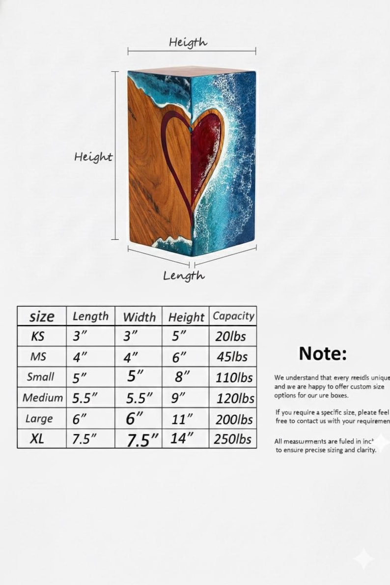 May include: A wooden block with a heart design. The heart is split, with one side showing wood grain and the other a blue and white resin. The block dimensions are listed in inches.