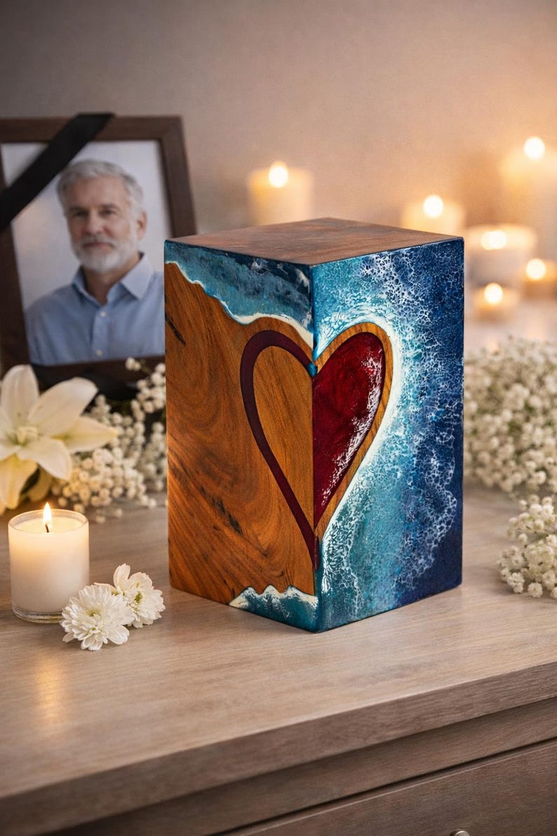 May include: A wooden urn with a heart design. The heart is divided, with one side featuring natural wood grain and the other side a deep red. The edges are detailed with blue resin, resembling ocean waves. A memorial photo and candles are in the background.