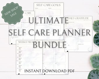 May include: A printable self-care planner bundle with a white background and gray watercolor accents. The bundle includes a weekly meal plan, daily gratitude log, self-care goals, and monthly goals. The text "ULTIMATE SELF CARE PLANNER BUNDLE" is in black text. The text "INSTANT DOWNLOAD PDF" is in black text.