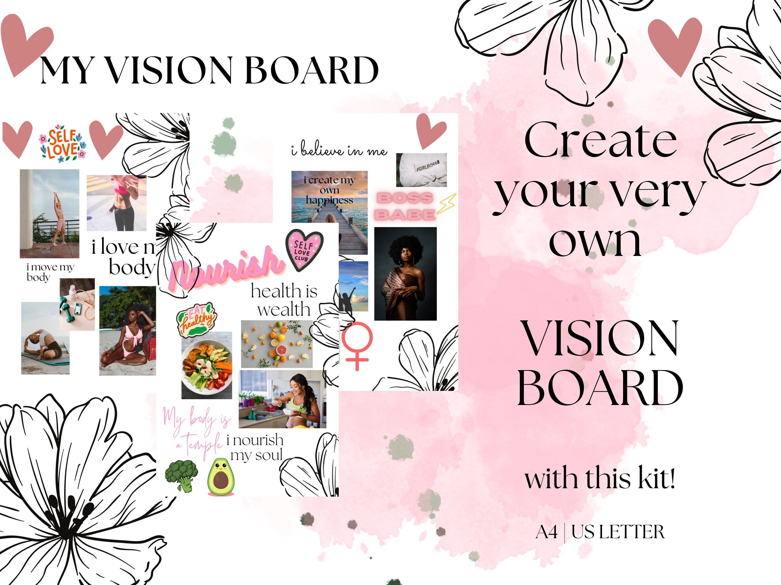 Vision Board Printables Kit, Daily Affirmation Cards, Self Care ...