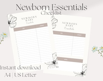 Puede incluir: Lista de verificación imprimible para artículos esenciales para bebés recién nacidos con un diseño floral. La lista de verificación tiene dos columnas, una para el artículo y otra para la cantidad. La lista de verificación se titula "Newborn Baby Essentials" y tiene un diseño floral en la esquina.