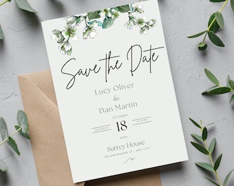 White Flower Save the Date Template, Getting Married template, Floral Save The Date, Bridal Shower template floral, Canva template, Wedding