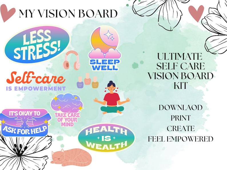Vision Board Printables, Self Care Edition, Manifestation Kit, Digital