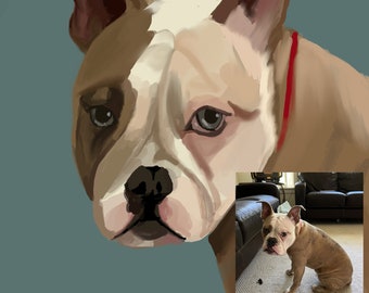 May include: A digital painting of a brown and white bulldog wearing a red collar. The bulldog is looking at the viewer with a serious expression. The painting is in a realistic style and the dog's fur is depicted with great detail.