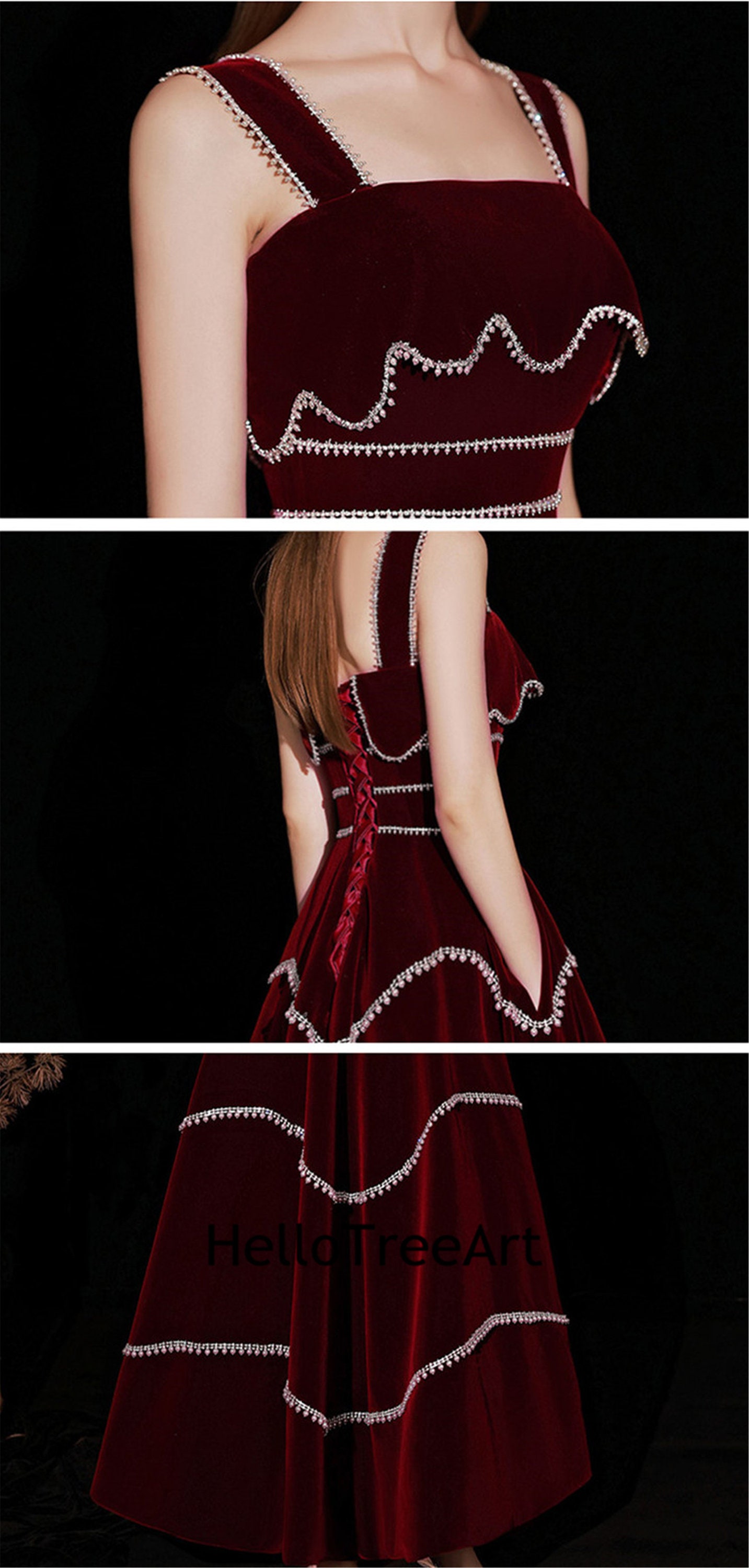 Red Velvet Prom Dress Slip Prom Dress Dress With Pocket Etsy