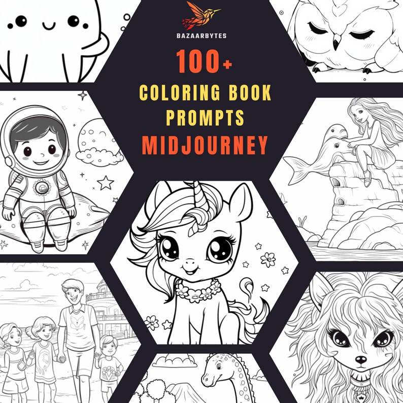 100 Midjourney Coloring Pages Prompts, Coloring Book Page for Kids