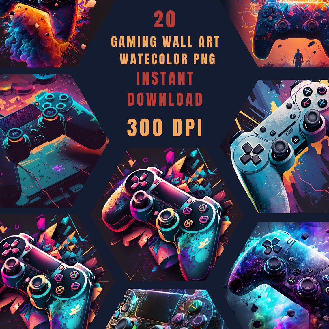 20 Gaming Wall Art, Gaming Room Decor, Gaming Controller PNG, Printable