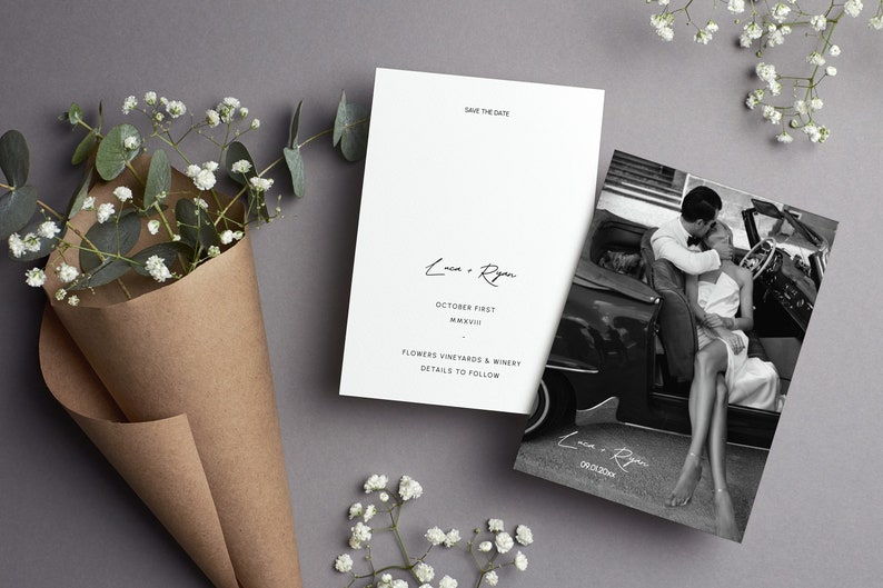 Modern Minimal Double Sided Black and White Photo Save the Date