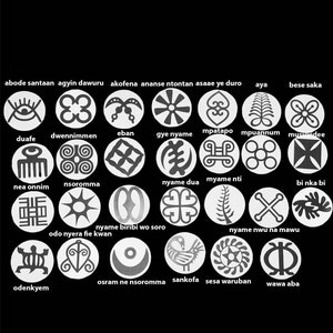 May include: A black and white graphic illustration of 25 Adinkra symbols, each representing a proverb or concept from the Akan people of Ghana. The symbols are arranged in a grid pattern and are surrounded by a white border.