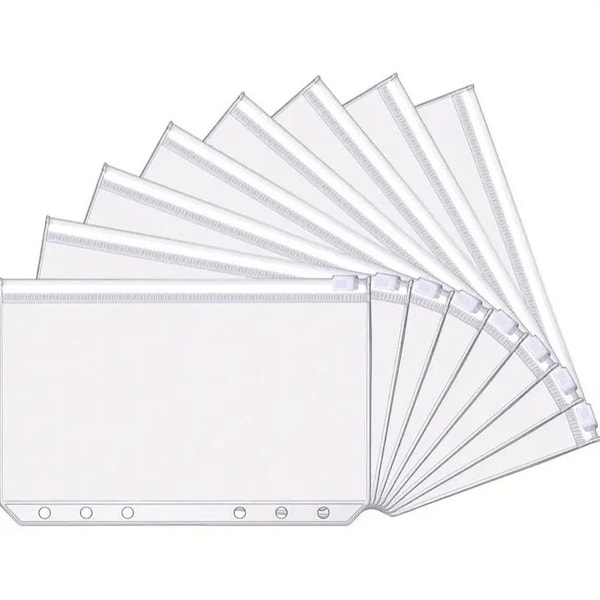 A6 Size Binder Pockets 6 holes Cash Envelopes for Budgeting, Clear Zipper Folders Loose Leaf Bags waterproof PVC document pouch filing bags.
