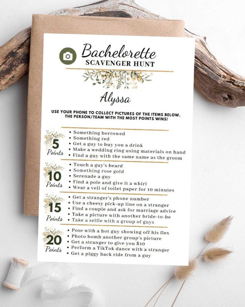 Bachelorette Scavenger Hunt, Bridal Shower Game, Printable Cards