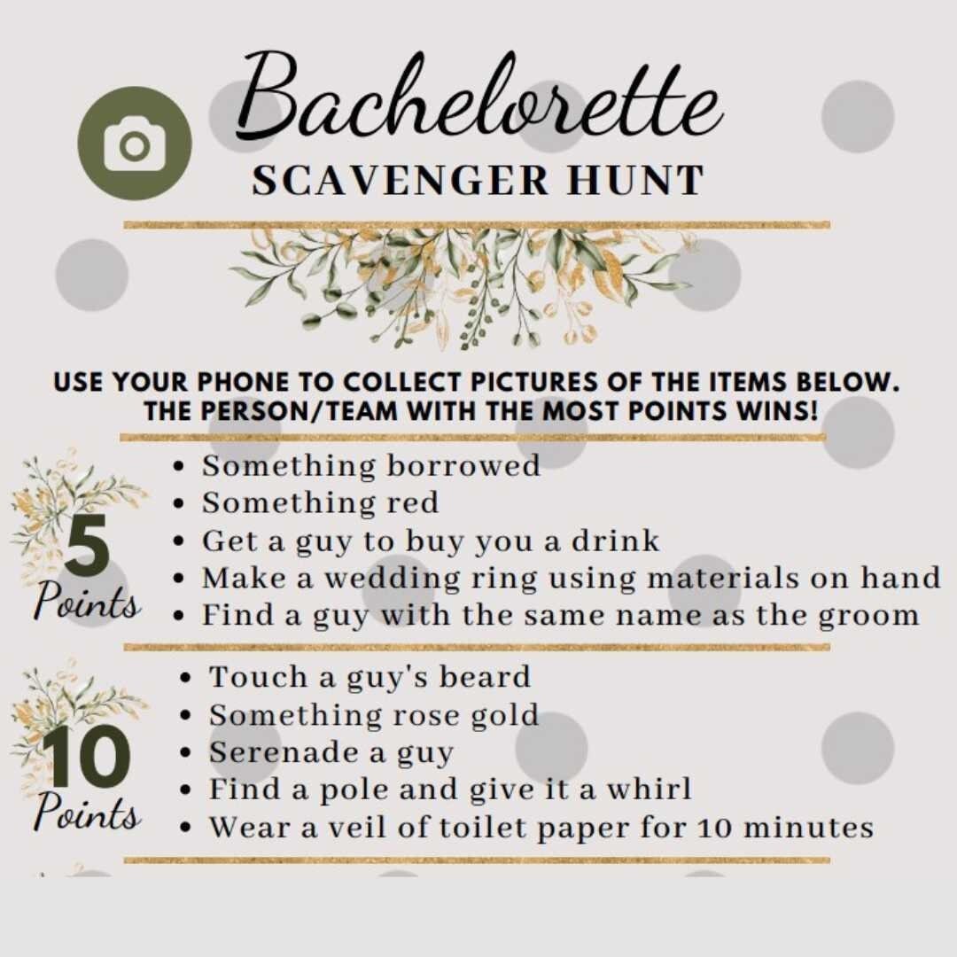 Bachelorette Scavenger Hunt, Bridal Shower Game, Printable Cards
