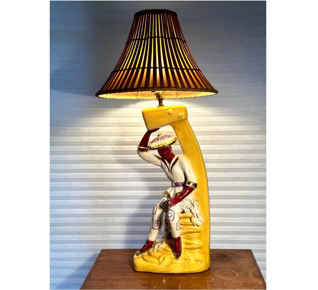 Vintage MCM Chinoiserie Ceramic Figural Lamp with Bamboo Lampshade