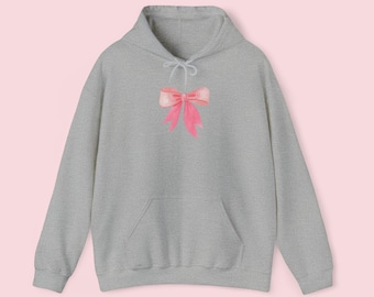 Pink Bow Hooded Sweatshirt | Aesthetic Hoodie For Women | Ribbon Hoodie  Trendy Crewneck | Gift For Her | Grey Hoodie