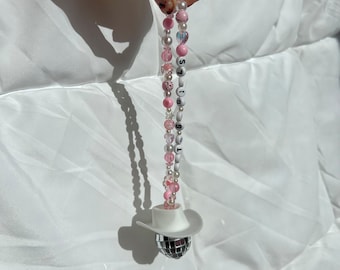 Disco Cowgirl Car Charm: Pink Beaded Rearview Mirror Decoration