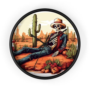 Western Cowboy Skeleton Wall Clock, Halloween Decor, Fall Wall Decorations, Spooky Season, Desert Cactus, Gifts For Halloween