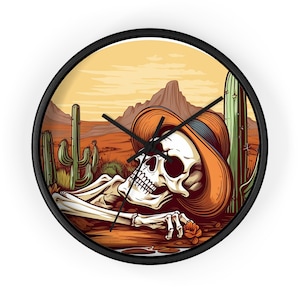 Western Skeleton Wall Clock, Halloween Decor, Fall Wall Decorations, Spooky Season, Desert Cactus, Gifts For Halloween
