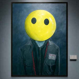 May include: A framed oil painting depicting a figure with a large, bright yellow circular head featuring two solid black circular eyes. The figure wears a dark charcoal gray zip-up jacket with a visible patch on the chest reading Mr. Robot.