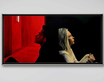 May include: A painting of a man and a woman sitting back to back. The man is on the left side of the painting and is wearing a black shirt. The woman is on the right side of the painting and is wearing a white shirt. The background is a split red and black color.