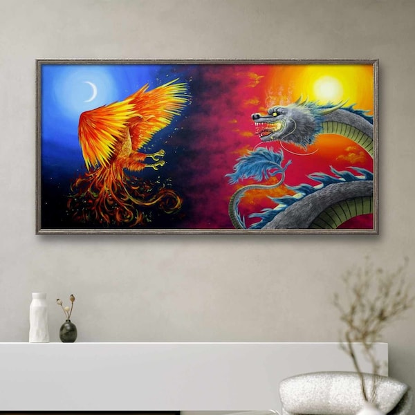 Phoenix Dragon Painting | 2 Piece Wall Art | Bearded Dragon | Fire Bird | Fantasy Landscape | Pop Surrealism Art | Ambient Lighting