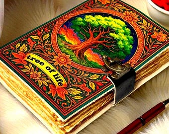 Tree of Life 400 Page Grimoire Vintage leather journal, Blank spell book of shadows