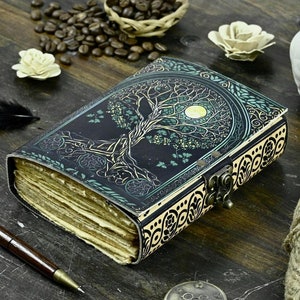 400 Page Large Grimoire leather journal, Print Tree of Life Journal, Blank spell book book of shadows Leather Celestial Journal for Women ,